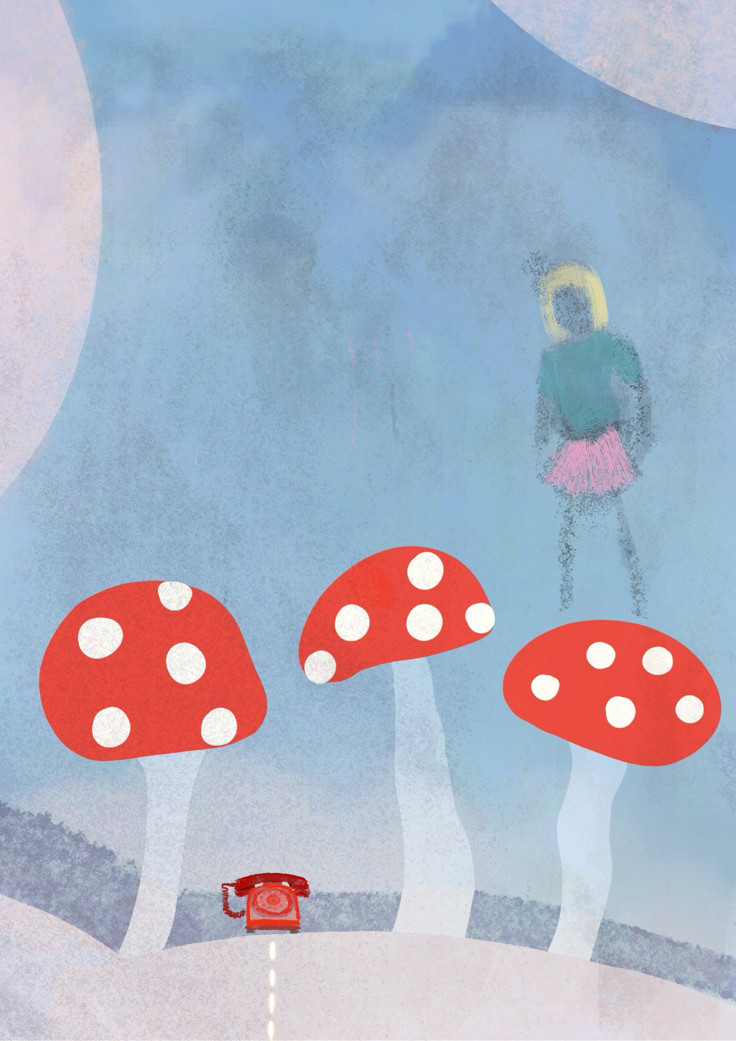 Whimsical Mushroom Greeting Card – Dreamy Surreal Art Print with Red Phone & Girl Illustration