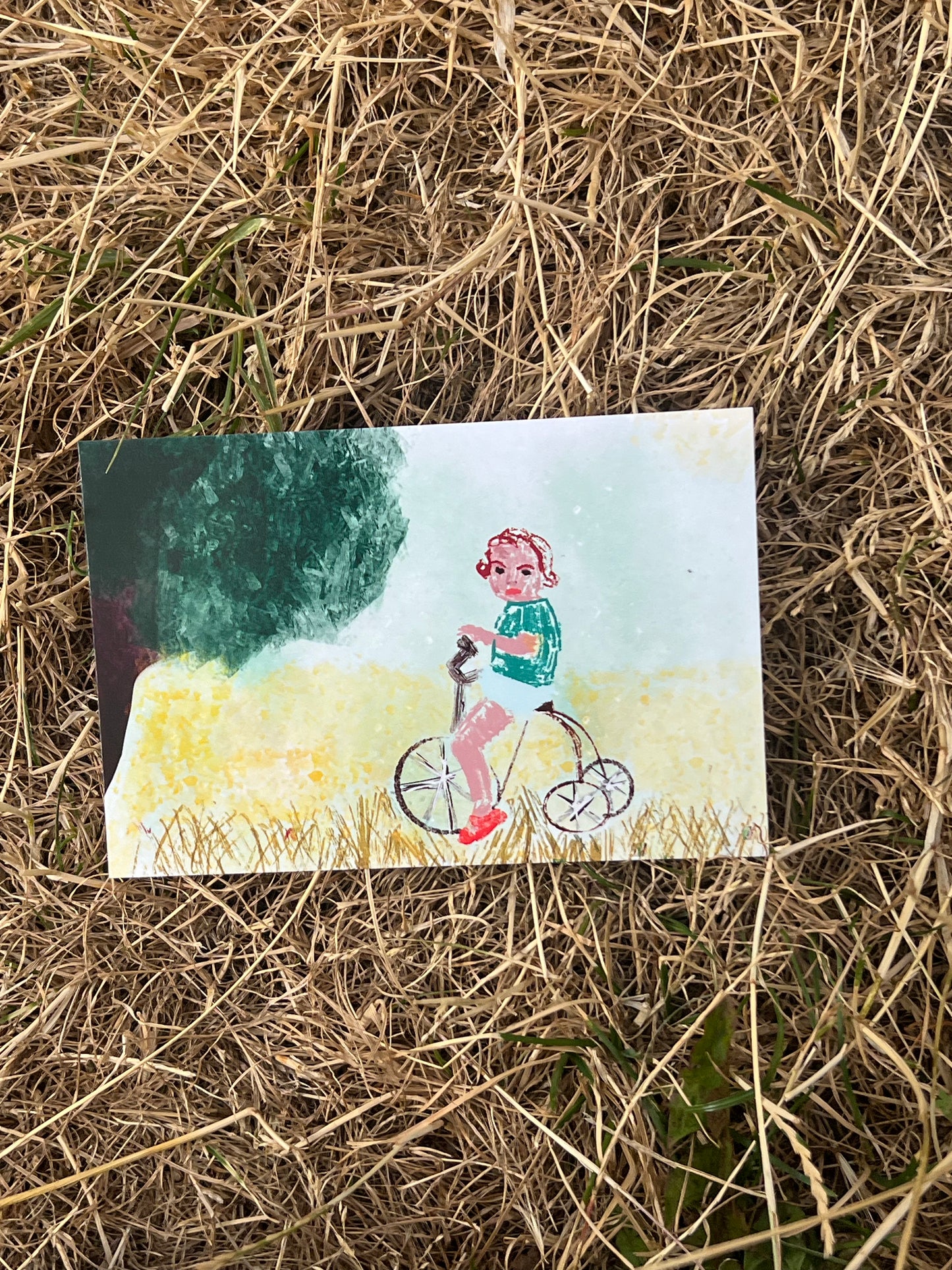 Vintage Postcard – Child on Tricycle in Field