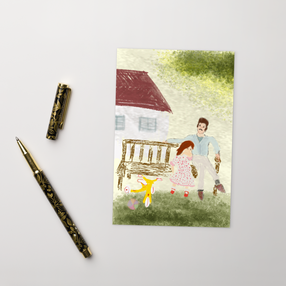 Father and Daughter Bench Illustration Card / Postcard