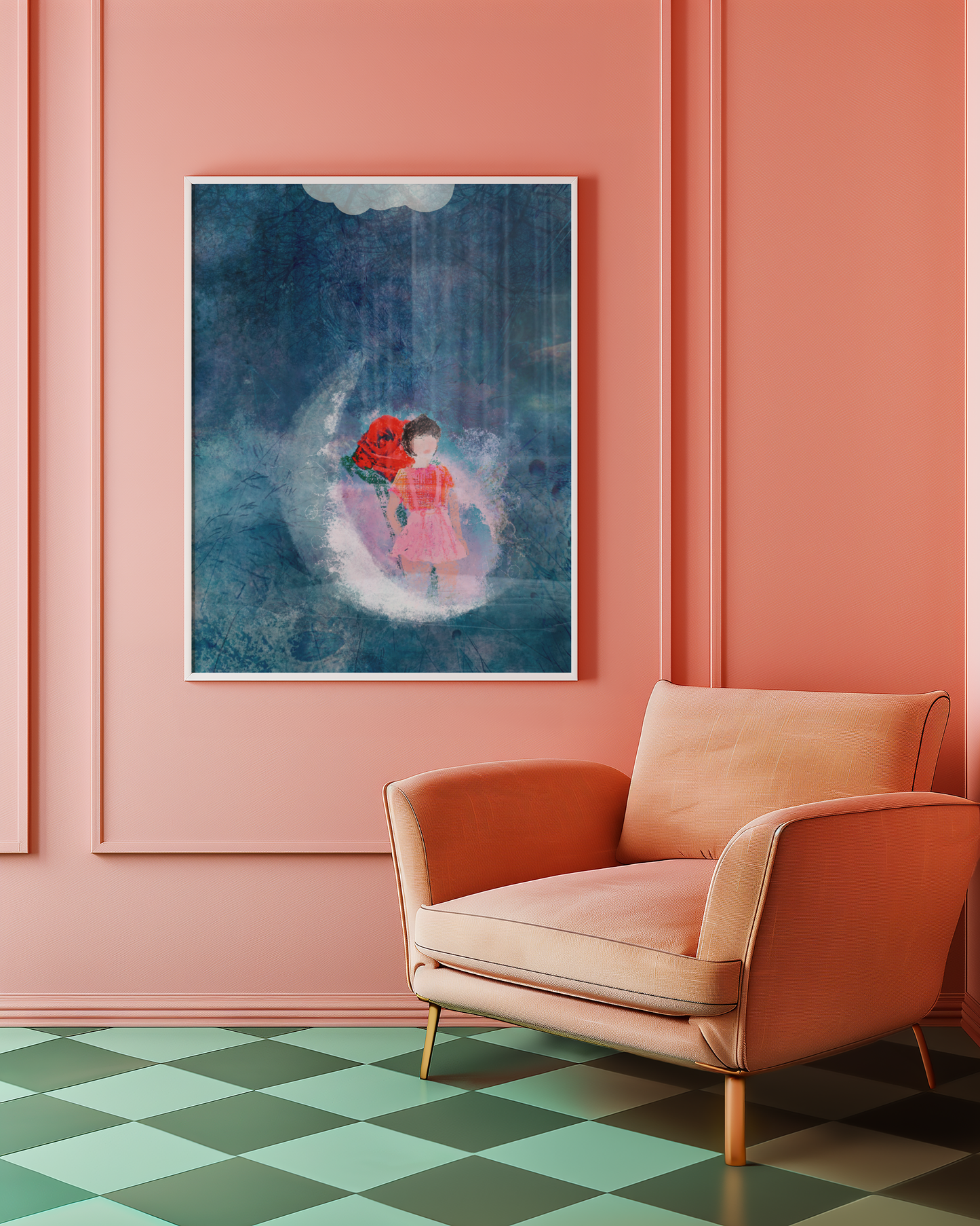 Girl On Moon Poster-Celestial Midnight Sky Walk Art