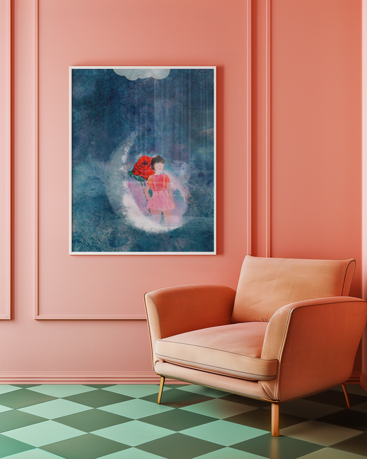 Girl On Moon Poster-Celestial Midnight Sky Walk Art