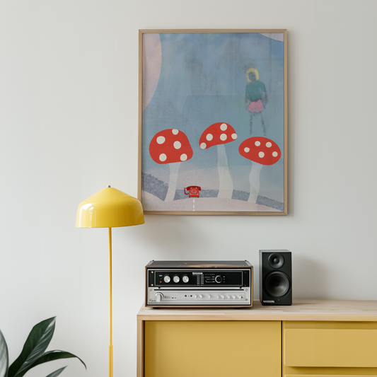 Surreal Whimsical Mushroom Poster with Girl and Vintage Red Telephone