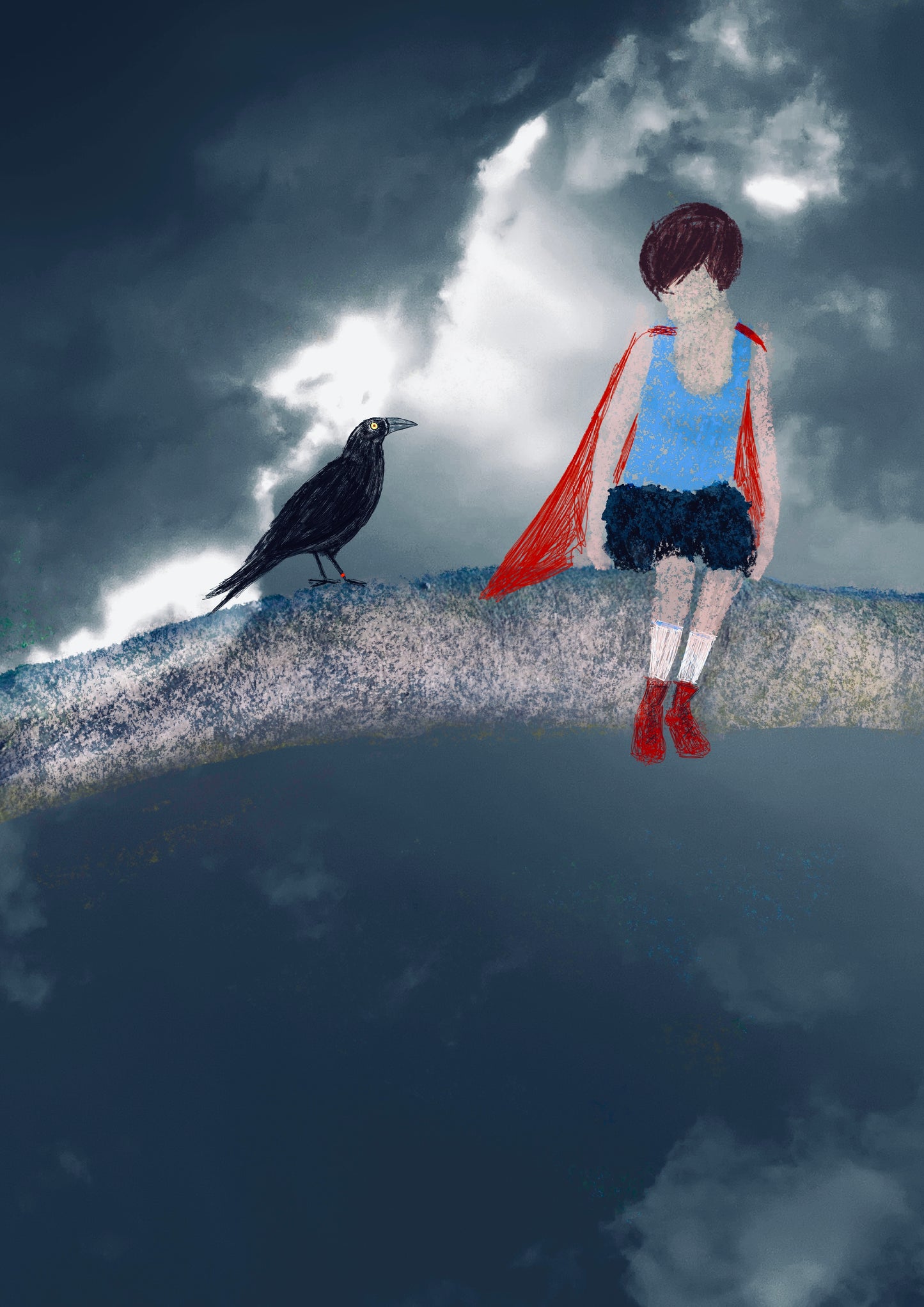 Super Hero Greeting Card / Postcard – Whimsical Kids Art, Crow and Child Adventure