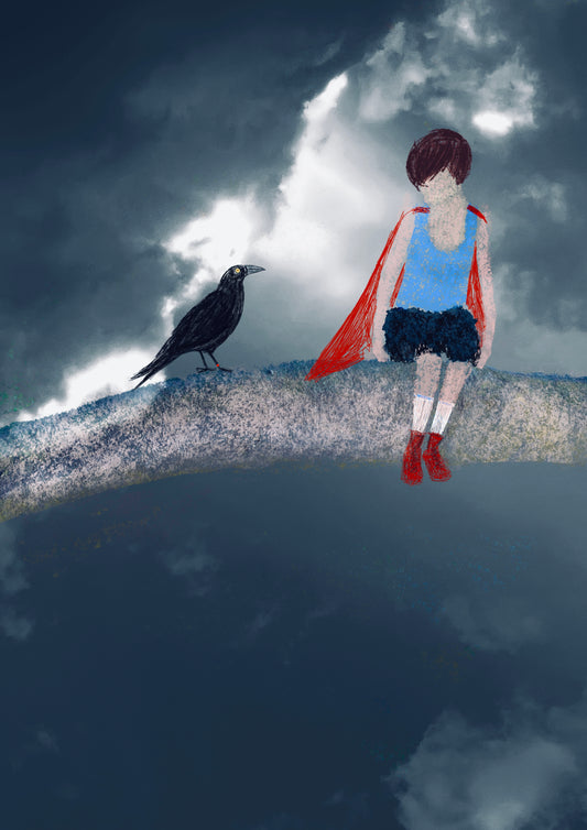Super Hero Greeting Card / Postcard – Whimsical Kids Art, Crow and Child Adventure