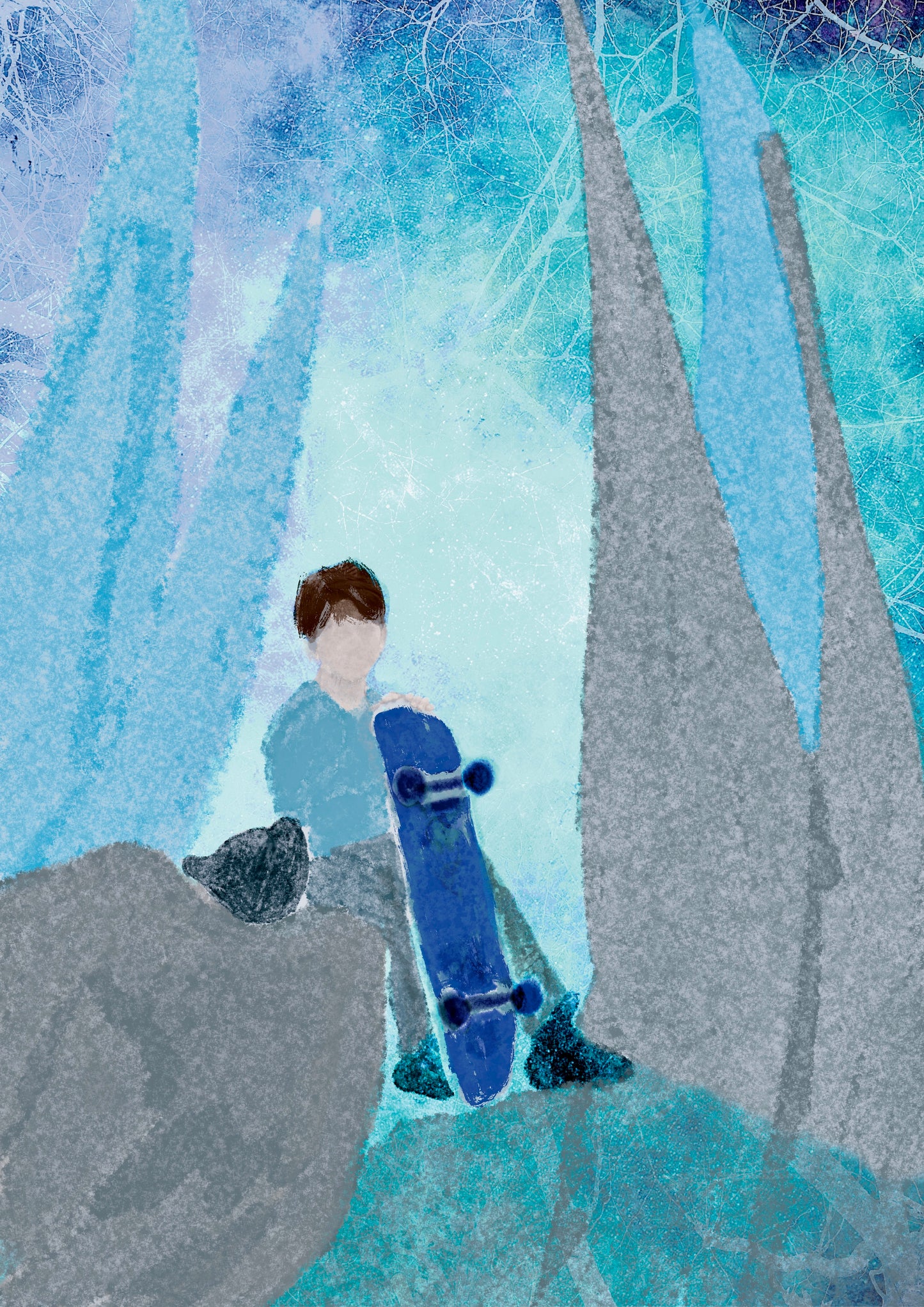 Skater Boy Greeting Card – Glacier Scene Illustration