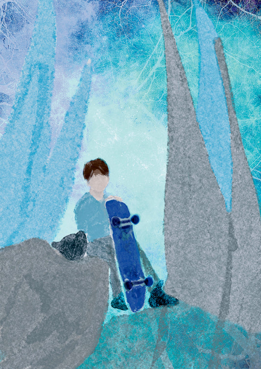 Skater Boy Greeting Card – Glacier Scene Illustration