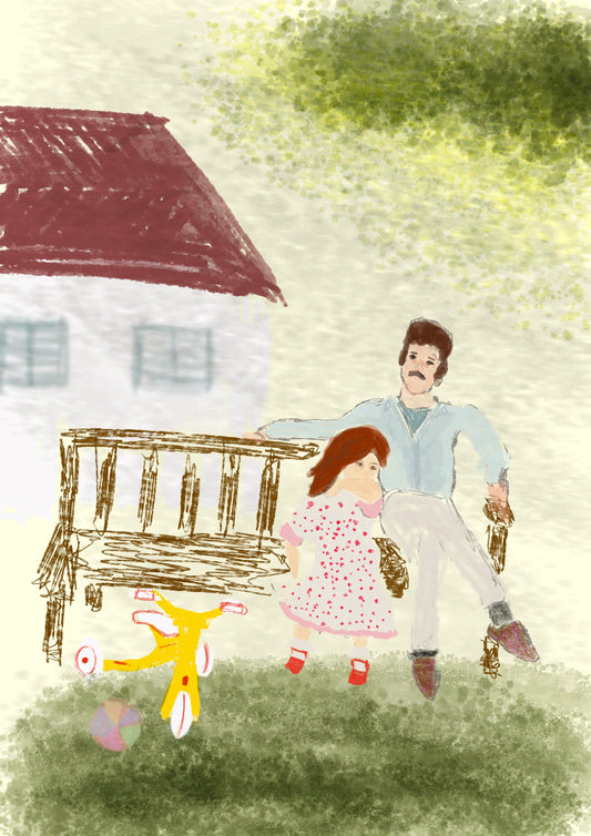Father and Daughter Bench Illustration Card / Postcard