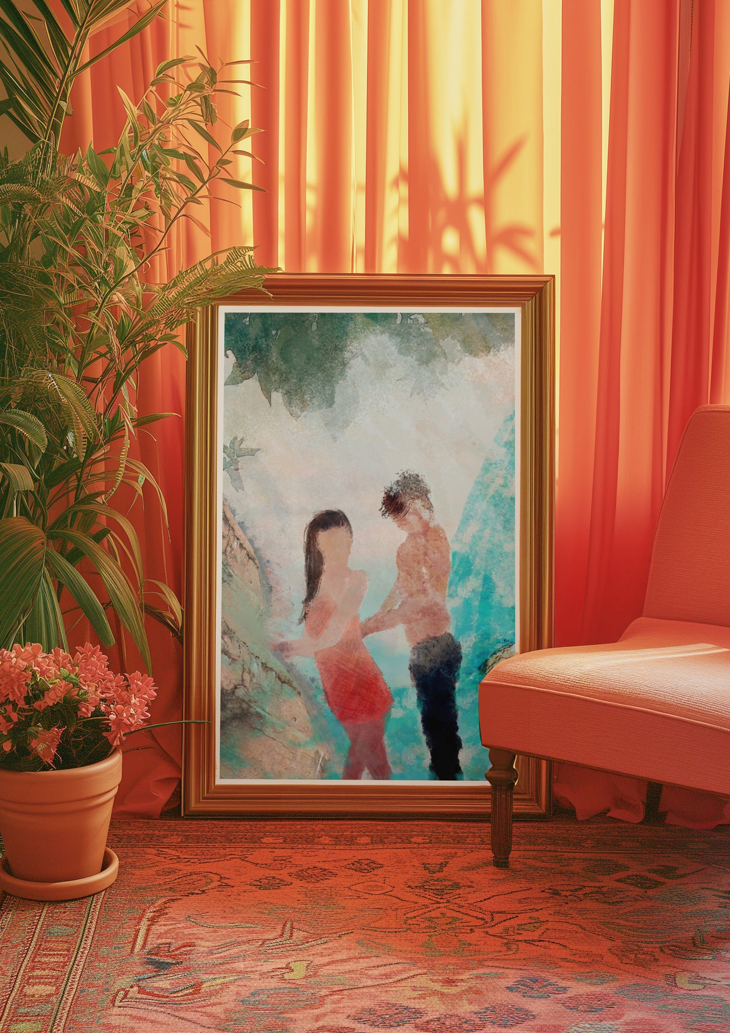 Lovers in Waterfall Poster – Romantic Nature Wall Art