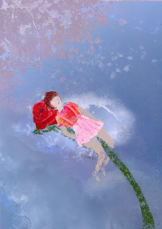 Dreamy Pastel Greeting Card - Girl on Giant Rose, Whimsical Floral Art